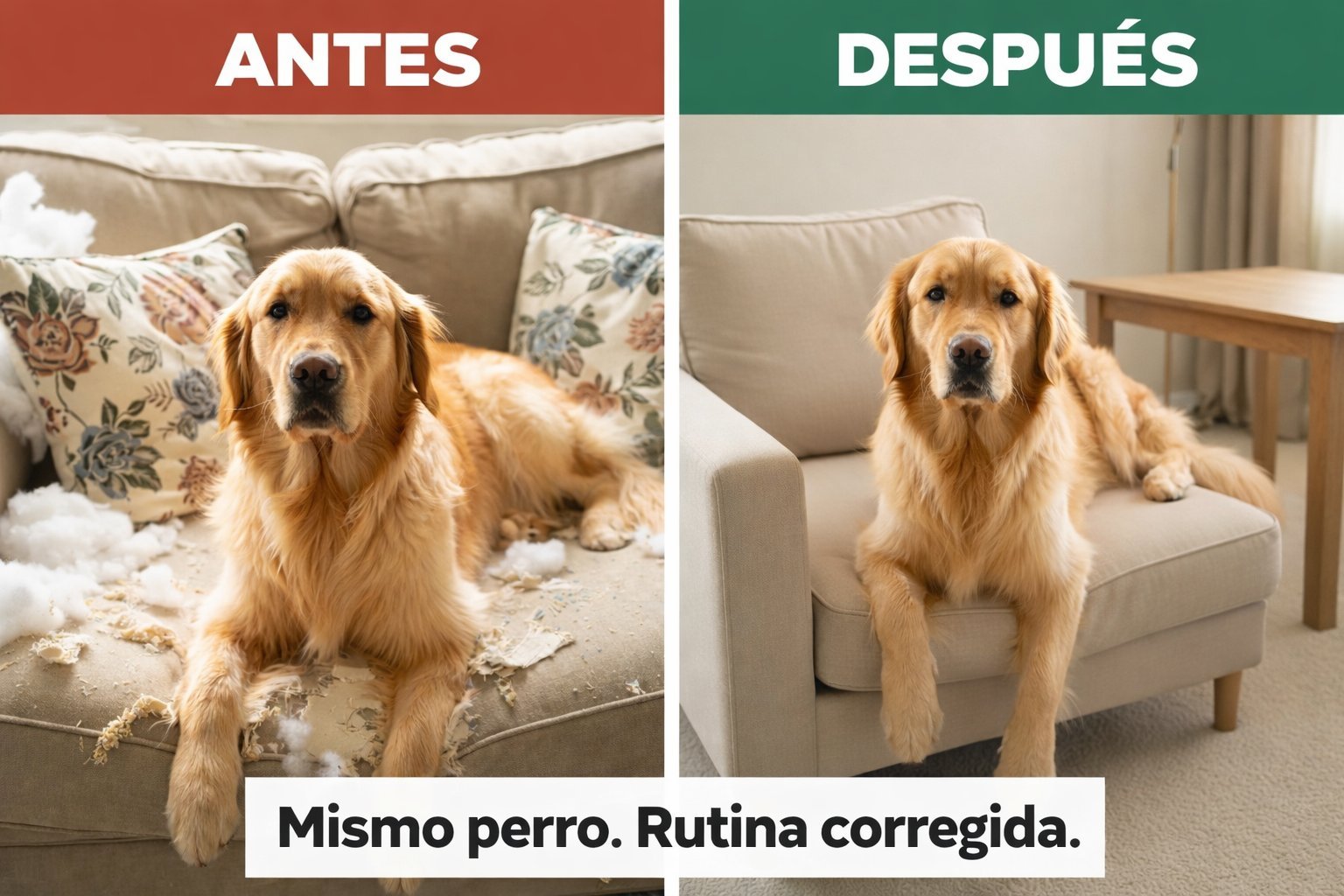 Antes y después — Mismo perro. Rutina corregida.
